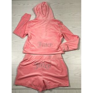 Juicy Couture Bling Logo Jacket & Shorts Set Womens L Flamingo Pink Velour New
